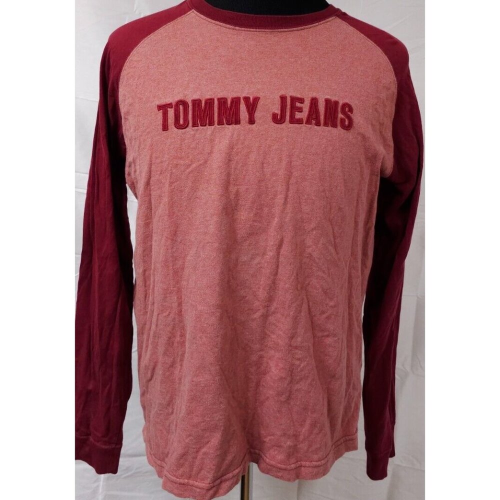 Vtg Tommy Hilfiger Jeans Large Red Long Sleeve Spell Out Embroidered T-Shirt